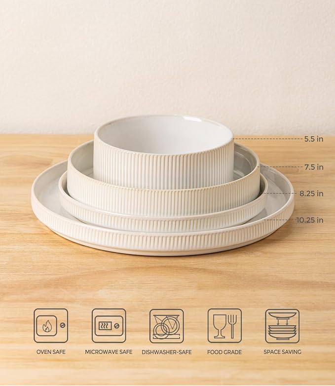 TheTerra Ceramic Dinnerware Sets with Pasta Bowls for 4, 16 Pieces Porcelain Lightweight Plates and Bowls Sets, Scratch Resistant Dish Set, Oven & Microwave & Dishwasher Safe,Reactive White