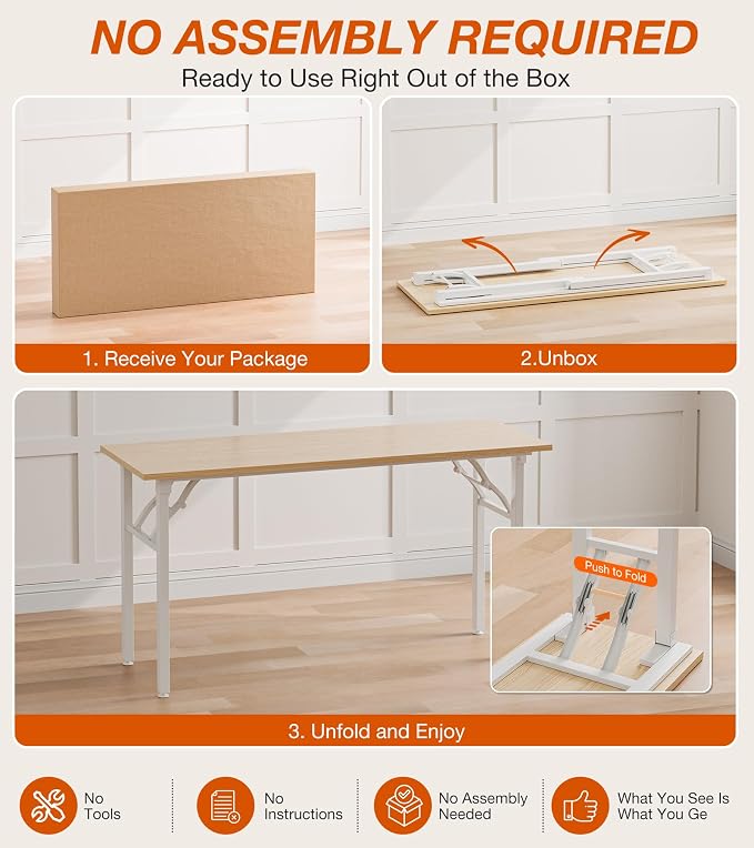 XBurmo Folding Desk Foldable Table, No Assembly 55.1" Foldable Desk Space-Saving Workstation for Small Space, Computer Table, Flat Storage for Home Office, Bedroom, Dorm, Study Room, Light Maple