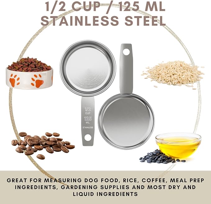 1/2 Cup Stainless Steel Measuring Cup | Sturdy Metal 125 ml | 125 cc | 4 oz | Single Cup for Wet and Dry Ingredients | Great for use as 1/2 Cup Dog Food Scoop - 12 PK