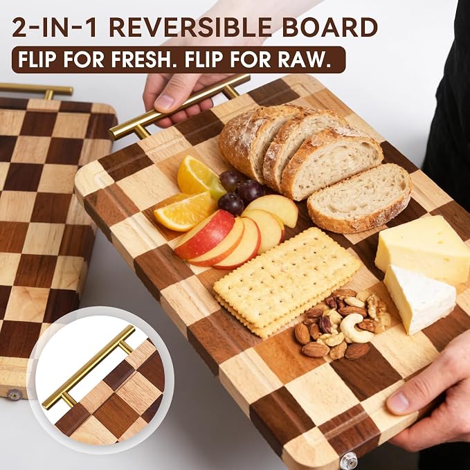 Checkered Cutting Board for Kitchen – 13.7"x9.8"x1.18" Rubber Wood Butcher Block with Juice Groove & Steel Handle, Heavy Duty Non-Slip Chopping Board for Charcuterie, Housewarming Gift