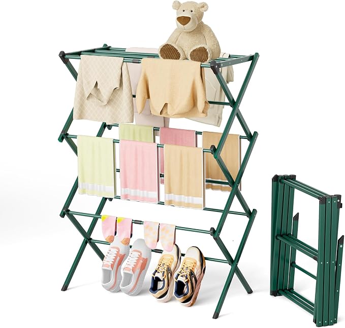 BAKON Foldable Space Saving Clothes Drying Rack, Extendable Rustproof Laundry Rack for Indoor Outdoor Dorm Room Apartments RV, Green