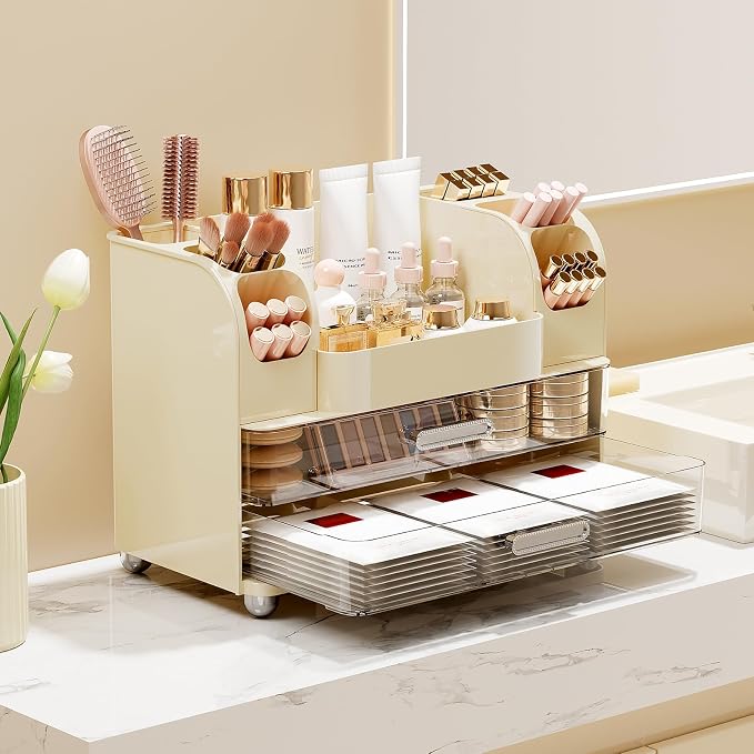 UFORU Makeup Organizer for Vanity with 2 Large Drawers, Cosmetic Display Case with Brush Holders, Easy to Storage for Bathroom Countertop Skincare, Perfume, Cream White