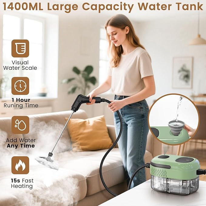 2500W Handheld Steam Cleaner, 3-Level Adjustable Steam Cleaner for Home with 16 Accessories, Multipurpose Portable Steamer Cleaning for Car,Floor,Furniture,Tile,Grout,Couch,Fast Heat-Up (Green)