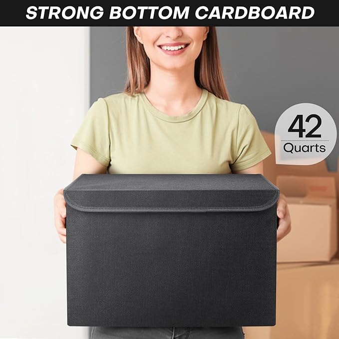 Bagnizer Large 17" 42 Quarts Collapsible Stackable Storage Bins with Lids [3-Pack] Foldable Fabric Linen Storage Boxes Cube, Closet Organizer Baskets with Label (16.7 x 12 x 12, Black)