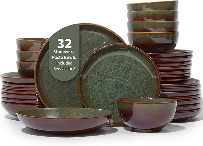 Pokini 32 Piece Double Bowl Dinnerware Sets with Pasta Bowls, Highly Chip and Crack Resistant Plates and Bowls Sets, Natural Earthyware Ceramic Dishware Sets, Service for 8 Brown Green