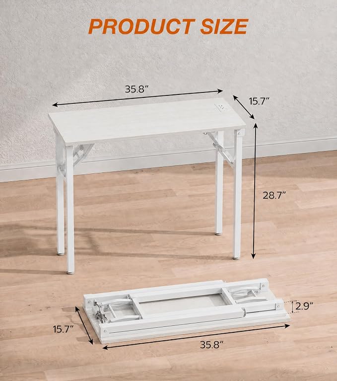 XBurmo Small Folding Desk Folding Table, No Assembly Foldable Desk Gaming Desk, 35.8-Inch Computer Table Workstation with 2 AC Outlets and 2 USB Ports for Bedroom and Home Office, White Ash