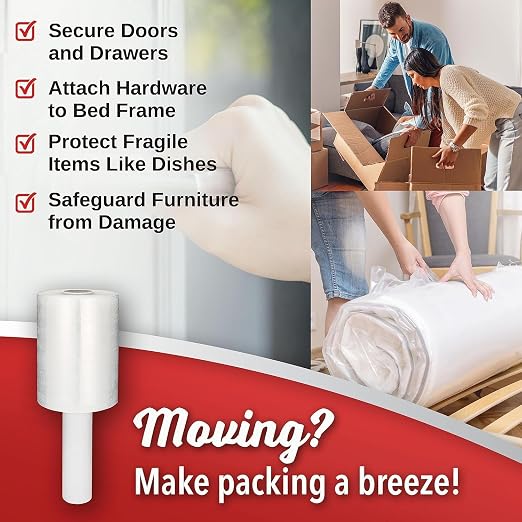 8 Pack Industrial Strength Mini Hand Stretch Wrap 5" 1000 Ft. Roll 80 Gauge Thick, Shrink Wrap Roll for Moving Supplies, Furniture, Pallets, Plastic Wrap for Packing, Heavy Duty Stretch Film