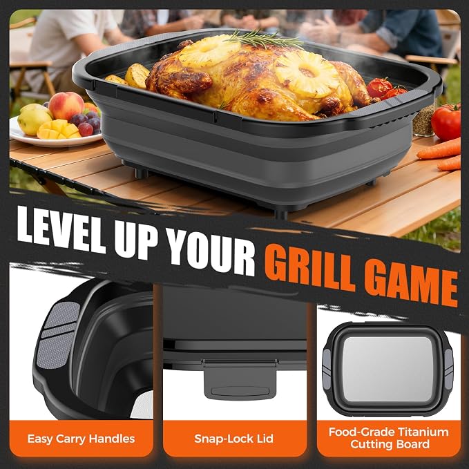 Collapsible BBQ Prep Tub with Titanium Cutting Board, 22L/5.5Gal Food Storage with Locking Lid, Outdoor Seasoning Storage Bin for Camping, Kitchen and BBQ