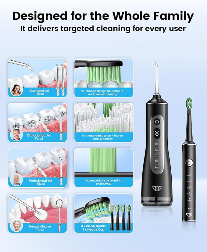 JTF Electric Toothbrush & Water Flosser Combo, 2-1 Portable Oral Clean Kit | Effective Yet Gentle Brushing & Flossing, Multiple Modes for Braces & Sensitive Teeth Care, Cordless for Home Travel, Black