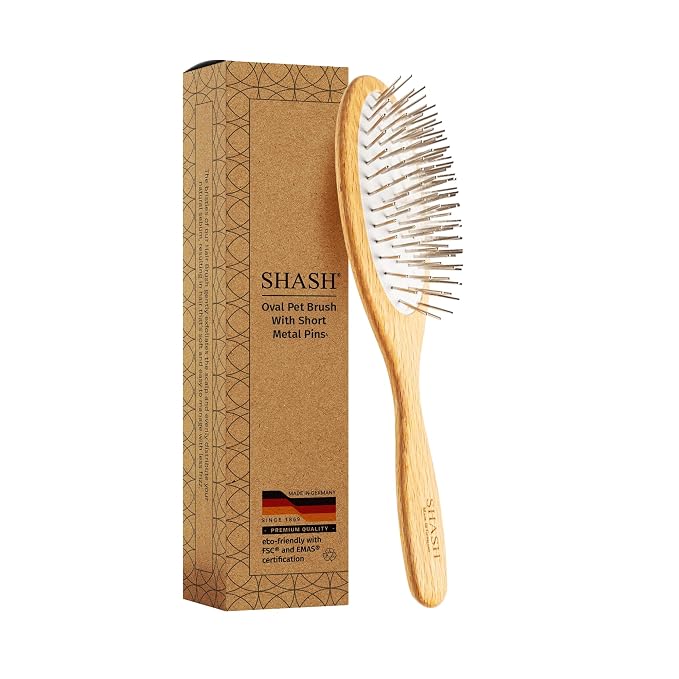 Since 1869 Hand Made In Germany - SHASH Oval Pet Brush With Long Metal Pins With Rubber Cushion - Helps Detangle Knots, Eliminate Frizz, Reduce Pulling & Snagging (Short Steel Pins)