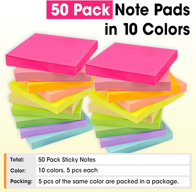 50 Pads Sticky Notes 3x3, Self-Stick Pads Bulk Bright Colors, School Supplies, Office Products, 50 Sheet/Pad