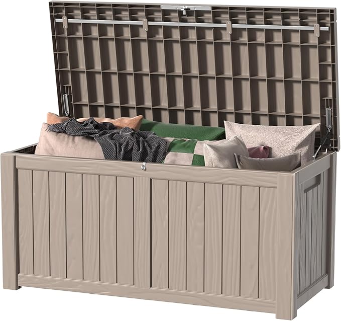 DRATO 150 Gallon Deck Boxes Outdoor Waterproof, Lockable Outdoor Storage Box for Patio Furniture Pool Supplies Garden Tools, Weatherproof Resin Storage Box for Backyard (Grey, 150 Gallon)