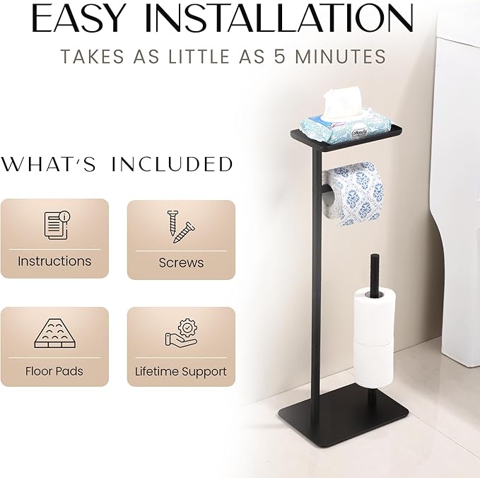 Day Moon™ - Toilet Paper Holder - Modern Roll Holder for Bathroom - 1 Pack - Free Standing - with Shelf, Black
