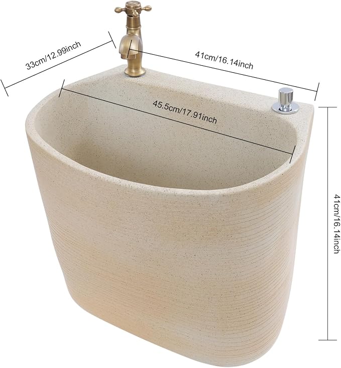 Garden Floor Mop Sink Set 16x13x16in, Ceramic Utility Mop Basin with Faucet and Button Drainage Large Capacity Mops Bucket for Garage Laundry Room Bathroom and Outdoor