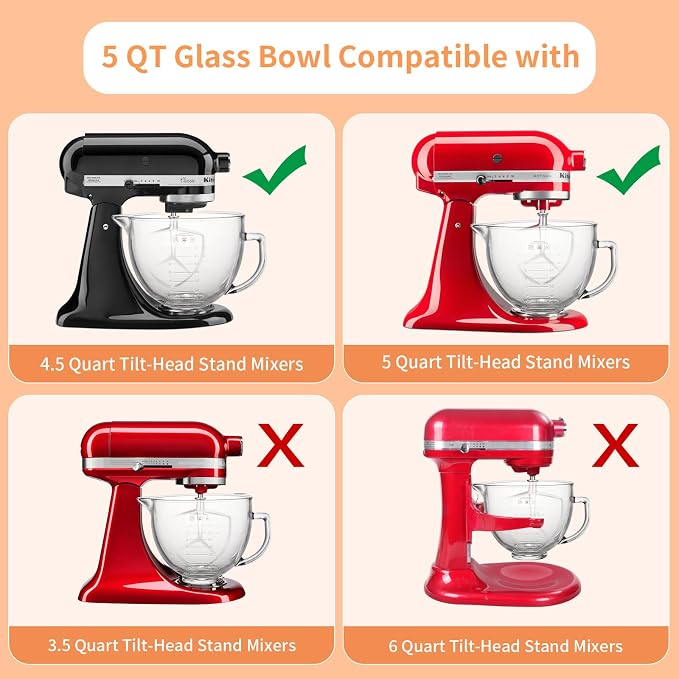 XINBOOG 5QT Glass Bowl Compatible with KitchenAid 4.5-5 QT Tilt Stand Mixer | 5Qt Glass Mixing Bowl Replacement with Lid, with Measurement Markings & Handle