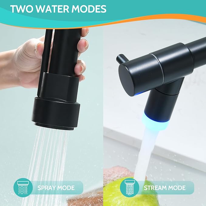 Kicimpro Matte Black LED Kitchen Faucet with Pull Down Sprayer, 304 Stainless Black Faucet for Kitchen Sink, Modern Single Handle High Arc Bar Kitchen Sink Faucet for One Hole Or Three Hole Sink