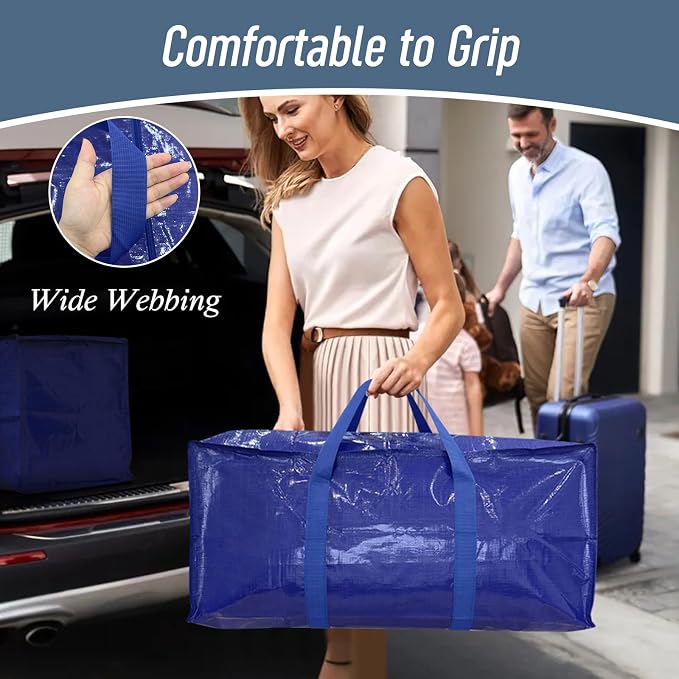 6 Pack Extra Heavy Duty Large Moving Bags with Strong Zipper, Blue | Comfortable Handles, Sturdy & Durable Clothes Storage Bags Totes Bins, Blue Packing Moving Boxes for College Supplies