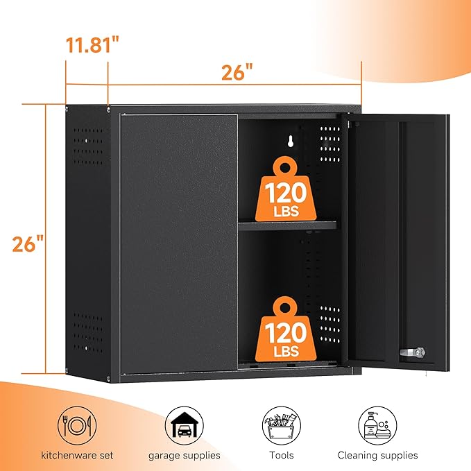Coolsun 26" H Garage Wall Cabinet with Lockable Doors and Adjustable Shelf | Metal Wall Cabinet for Garage Assembly Required (26" H Black)