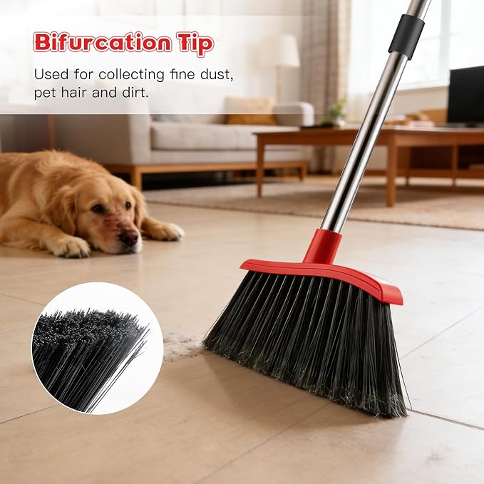 Broom and Step-on Dustpan Set, 59-in Adjustable Long Handle Broom with Dustpan Combo Set Outdoor Angle Broom for Sweeping Indoor Dust Pet Hair for Cleaning Kitchen Garage Deck Patio, Black&Red