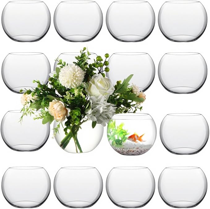 16 Pcs Glass Fish Bowl Round Vase for Centerpiece Bulk Clear Bubble Fish Bowl Decorations Flower with Water Gel Beads for Wedding Floral Floating Filler Home Decorations