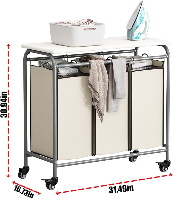 LINZINAR 3-Bag Laundry Hamper with Ironing Board, Beige 135L Laundry Sorter | Laundry Room Organization with Heavy Duty Rolling Lockable Wheels and Removable Bag, Bedroom Laundry Cart for Clothes Storage