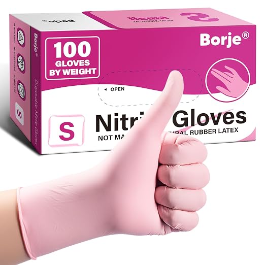Borje Pink Nitrile Disposable Gloves, Latex & Powder-Free, Small, 100 Count | Food Safe, Cleaning, Esthetician, Cooking