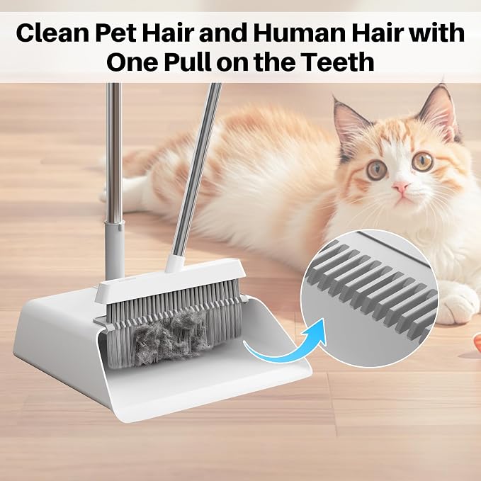JOYMOOP White Broom and Dustpan Set, Upright Angle Design with Built-in Comb Teeth for Kitchen, Office, Pet Hair, Hard Floors