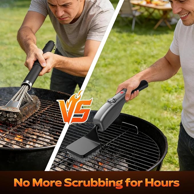 Bristle-Free Electric Grill Brush, Fire-Resistant BBQ Grill Brush, Reciprocating Grill Brush for Outdoor Grill, Grill Cleaner with 3 Heads, Cordless Grill Cleaning Brush with 3600 mAn, Silver