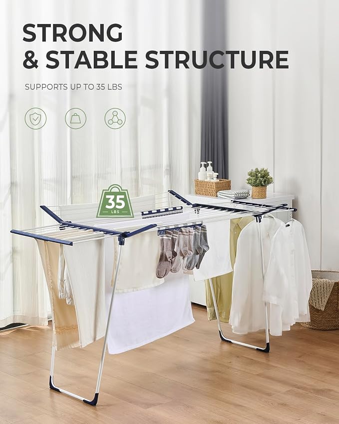 JS HANGER Extendable Clothes Drying Rack with Fold-Out Wings & Sock Clips, Expands from 41" to 67", Extra Wide Laundry Drying Rack Indoor Outdoor, Folding Rack for Clothes, Towels & Delicates