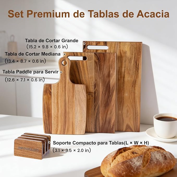Acacia Wood Cutting Board Set of 3 with Stand, Multi-Size Wooden Chopping Boards for Kitchen Food Prep, Charcuterie, Cheese and Serving, Space-Saving Storage