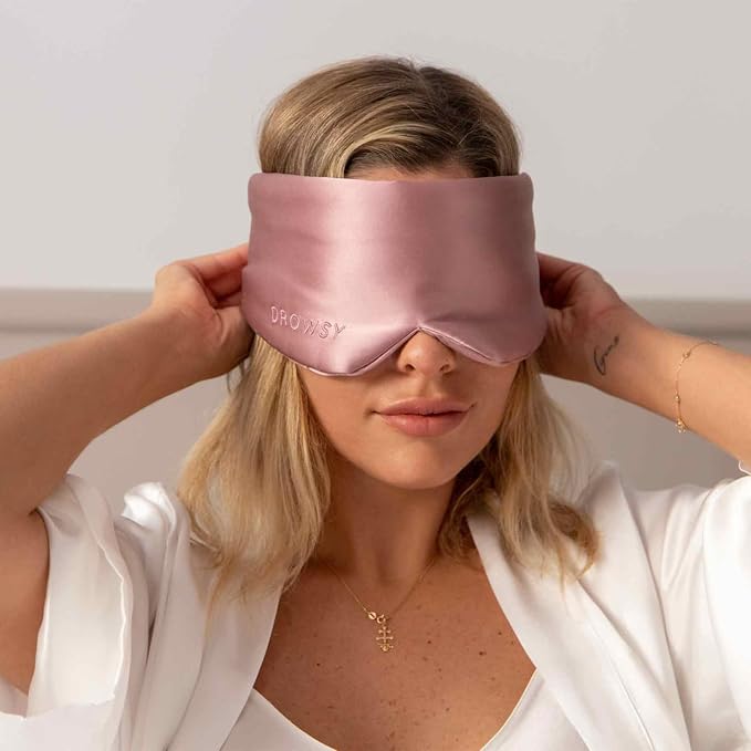 DROWSY Silk Sleep Mask Set - Face-Hugging, Padded Silk Cocoon for Luxury Sleep in Total Darkness - Eye Masks for Sleeping & Travel, 100% Pure Mulberry Silk, Adjustable - Blue & Rose (Set of 2)
