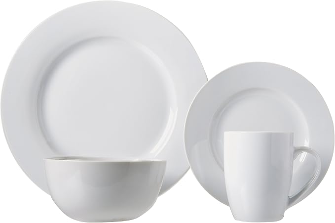 Amazon Basics 16-Piece Porcelain Dinnerware Set, Microwave and Dishwasher Safe, Service for 4, Plates, Bowls and Mugs, White