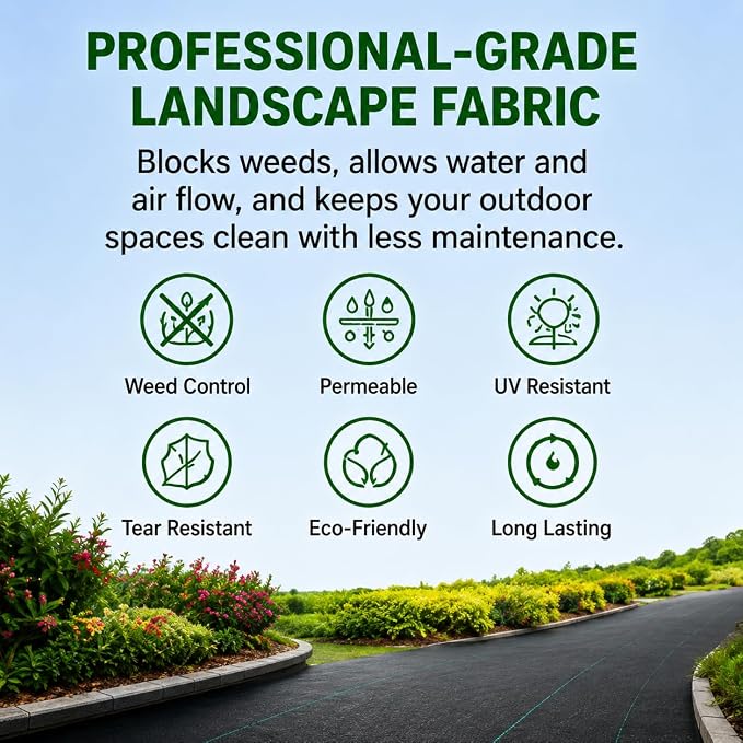 HOOPLE 3ft x 300ft Landscape Fabric Weed Barrier, Heavy Duty Weed Barrier Fabric Roll, Water Permeable Geotextile Ground Cover for Garden Beds, Gravel Paths, Mulch, Driveways & Landscaping | Heavy duty landscape fabric for garden beds, mulch, gravel pa...