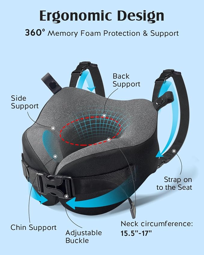 YFONG Travel Pillow for Long Flight Airplanes, Head Strap Combo with 3D Contoured Eye Mask for Sleep, Neck Pillow for Car Trip Essential, 360° Support Memory Foam Headrest, Prevent Bobbing, Blue