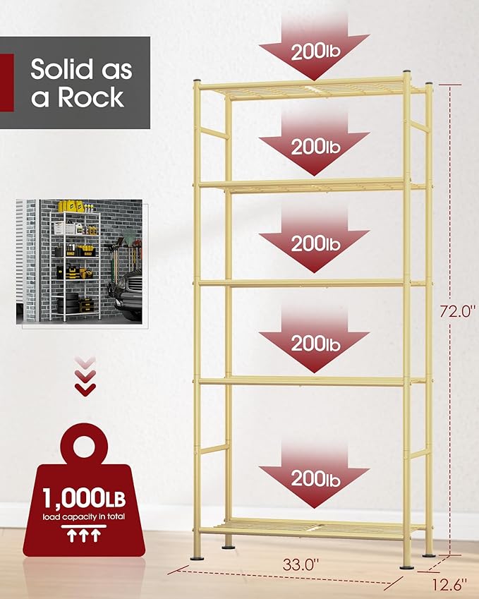 Sakugi Storage Shelves - 5 Tier Shelf Organizer, Heavy Duty Garage Shelving Unit with Leveling Feet, Stable Metal Shelves Organizer for Pantry, Kitchen and Closet, 33.0" W x 12.6" D x 72.0" H, Gold