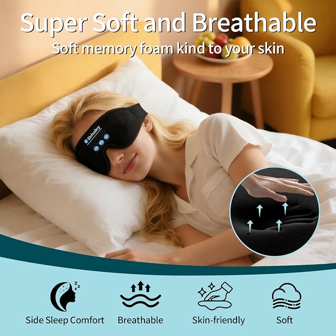 Sleep Headphones, 3D Sleep Mask with Bluetooth Headphones, 100% Light Blocking Music Eye Mask, Sleeping Headphones for Side Sleepers Sleeping Mask Thin Stereo Speakers Perfect for Sleeping