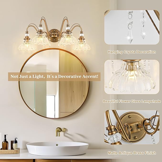 Vintage Bathroom Vanity Light, 4-Light Matte Antique Brass Finish Wall Sconce with Hanging Crystal Accents and Flower-Shaped Clear Glass Shades, Retro Wall Mount Vanity Light Over Mirror for Bathroom