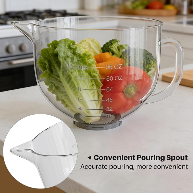 Glass Mixing Bowl 5QT Compatible with KitchenAid 4.5 & 5-Quart | Tilt-Head Stand Mixers, Includes Spout Cover, Measurement Markings & Lid, Dishwasher Safe, Microwave & Freezer Safe