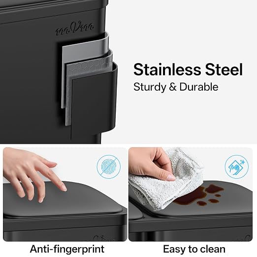 mVm 3 Compartment Kitchen Trash Can, 16 Gal Black Triple Trash Can, Heavy Duty Stainless Steel Garbage Can Anti Fingerprint Recycling Bin for Office