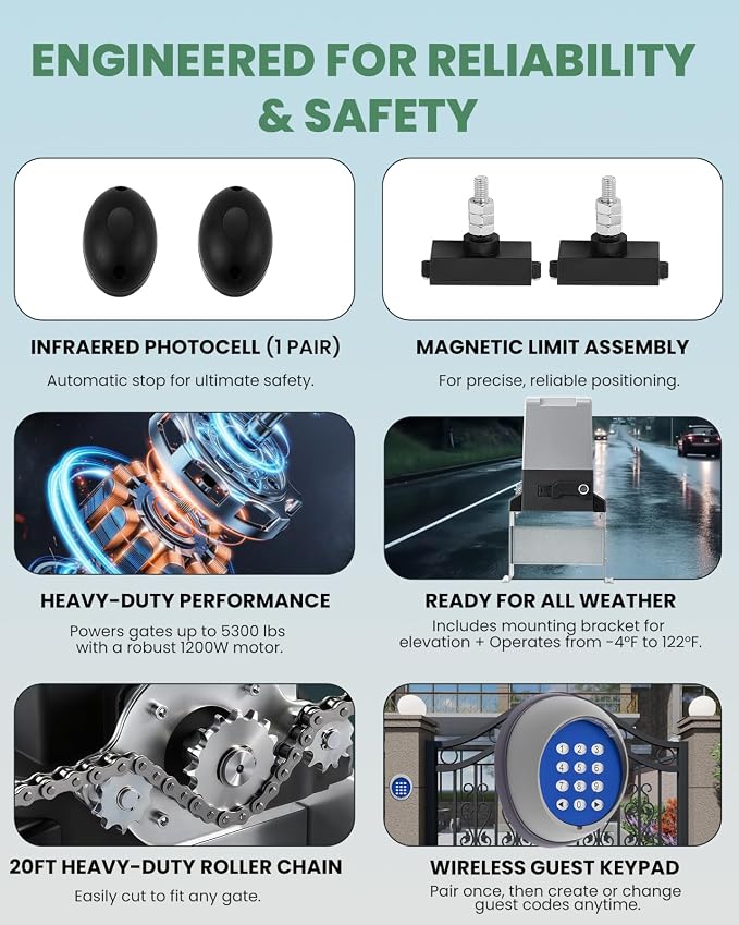 5300lbs Heavy-Duty Automatic Sliding Gate Opener with Chain Drive, 1200W AC Motor, WiFi/App& Keypad& Remote Control, Infrared Safety Sensor- Complete Kit for Driveway Slide Gates Up to 40ft