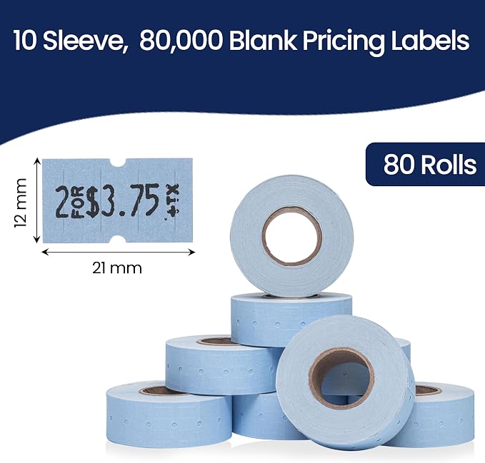 Perco 1 Line Blue Labels - 80,000 Blank Price and Date Gun Labels for Perco Lite, X, Plus and Pro 1 Line Price and Date Guns - 80 Rolls, 10 Sleeves - Made in USA