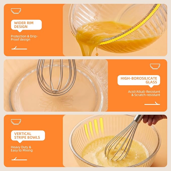 Glass Mixing Bowls with Lids Sets - 6 Packs Size: 5.9-3.7-2.1-1-0.5-0.2QT, Borosilicate Nesting Glass Bowls Containers for Baking,Salad,Meal Prep,Serving,Food Storage,BPA Free & Dishwasher Safe