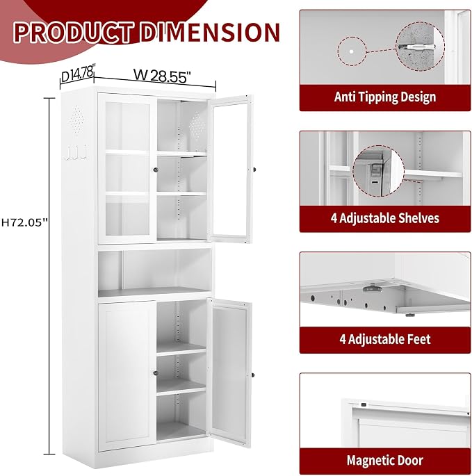 AQY Kitchen Pantry Cabinet,72" White Pantry Storage Cabinet with Adjustable Shelves and Glass Doors,Freestanding Cupboard,Metal Pantry Cabinets with Handle for Living Room Kitchen Assembly Required