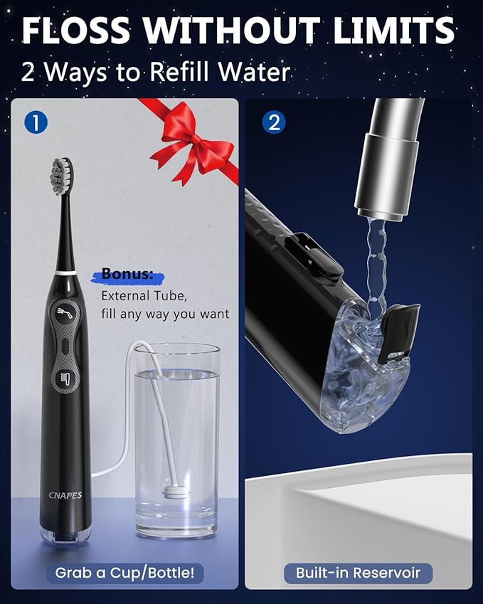 Electric Toothbrush with Water Flosser, 3-in-1 Sonic Brush & Oral Irrigator Combo for Adults, Cordless Brush & Floss System with 5 Brush Heads, 3 Modes, 30-Day Battery, for Braces & Sensitive Gums-BL