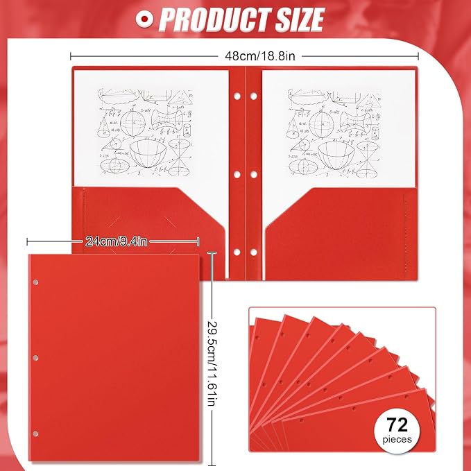 Yeaqee 72 Pcs Plastic Folders with Pockets Bulk 3 Hole Punched 2 Pocket File Folders for 3 Ring Binder Divider Folder for Notebooks, Durable Poly for Office Home (Red)