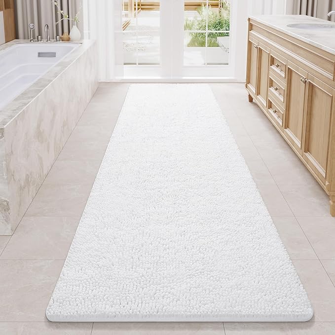 LOCHAS Luxury Bathroom Rug Shaggy Bath Mat 24 x 80 Inch, White | Washable Non Slip Bath Rugs for Bathroom Shower, Soft Plush Chenille Absorbent Carpets