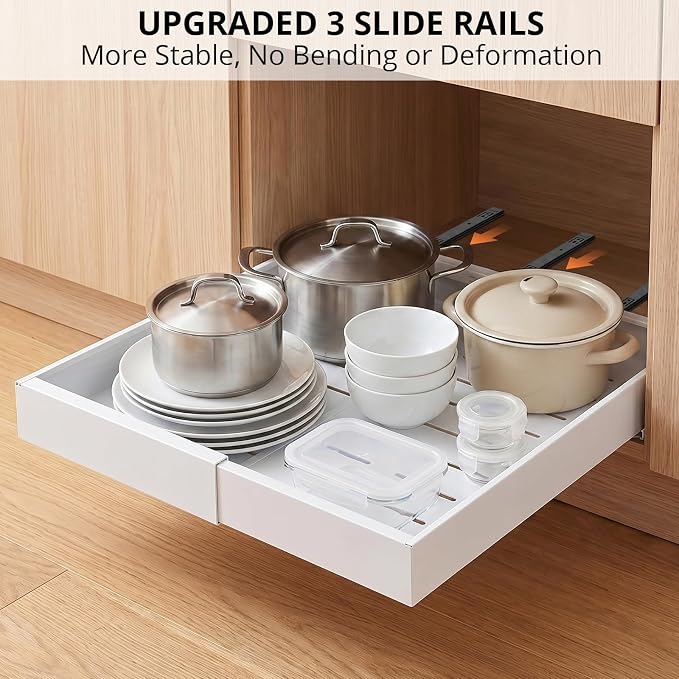 DOMNIU 2 Pack Pull Out Cabinet Organizers Expandable Width (12.4''-20.27''), Upgrade 3 Slide Rails Sliding Drawer for Kitchen Cabinet Organizer with Adhesive Nano Film, White