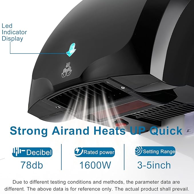 Commercial Hand Dryer Wall Mounted, 1600 W Electric Hand Dryer for Bathroom, Automatic High Speed Warm Wind Hand Blower, 110V Plug in, 10s-15s Second Dry, for Industry Business Restrooms