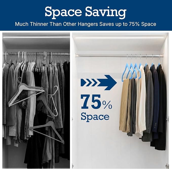 HOUSE DAY Tranquil Blue Velvet Hangers 60 Pack, Non Slip Clothes Felt Hanger Heavy Duty for Coat, Premium Slim Space Saving Suit Hangers for Closet Organizer, 360° Rotating Silver Hook