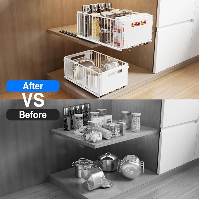 Mustorn 2 Pack Pull Out Cabinet Organizer, Slide Out Drawers for Cabinets, Peel and Stick, Heavy Duty Shelves for Kitchen, Cupboard, Pantry, Bathroom (14.76" D*9.65" W*7.87" H-White)